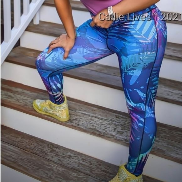 Callie Blue Tropic: Digital Print Graphic YOGA Leggings M L - Picture 2 of 15